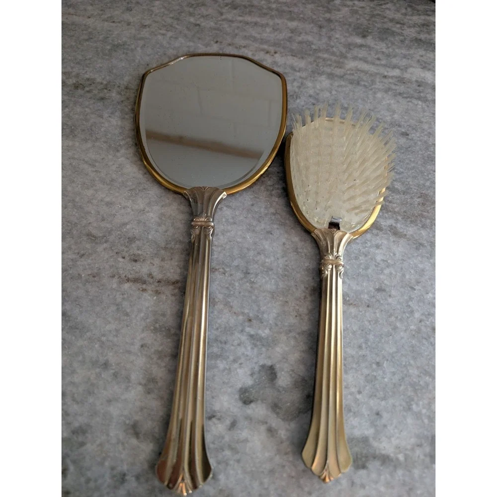Vintage Mirror and‎ Brush Set Vanity Set Gold Tone Floral Design